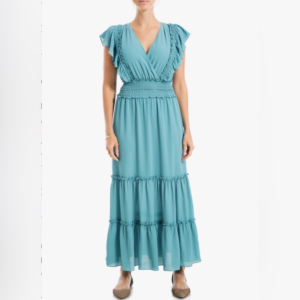 Max Studio Pebble Crepe Flutter Sleeve Bohemian Blue Maxi Dress